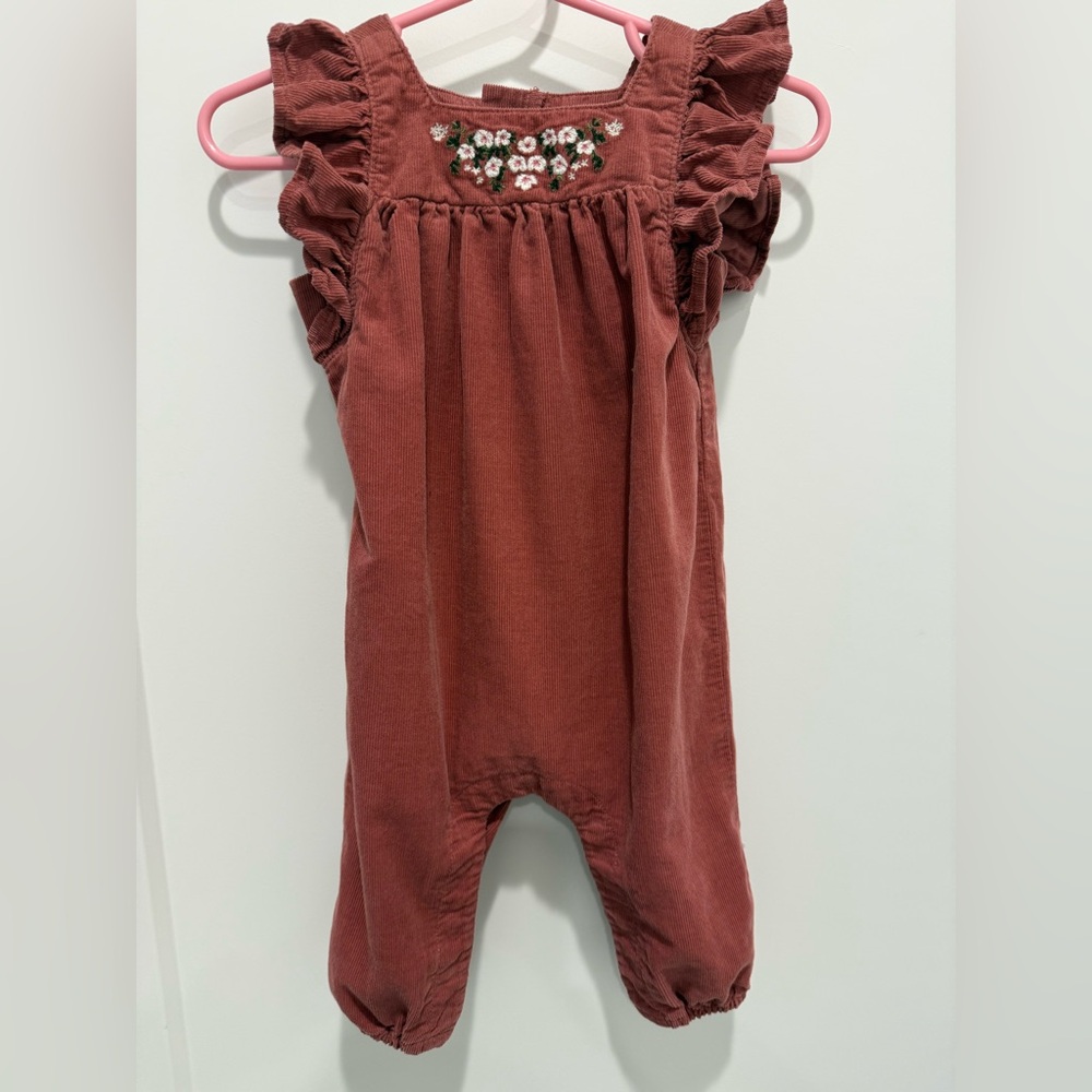 Old Navy Corduroy Romper 3-6M Embroidered Floral Ruffle Sleeve EUC
